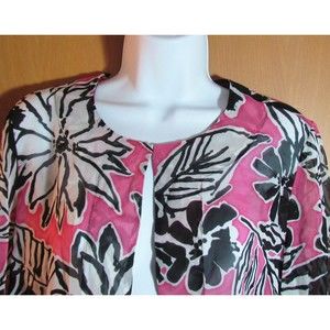 Laura Ashley Woman Silk Black + Pink Floral Print Button Front Top Jacket Size M